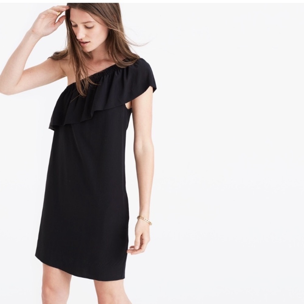 Madewell silk one shoulder mini dress with flirty ruffle at neckline in black. 2
